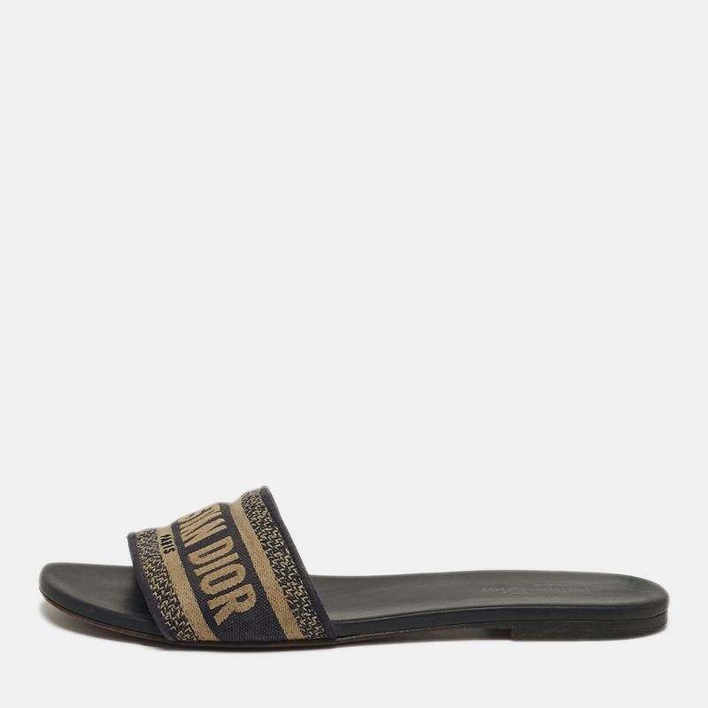 Dior Dway Size 39.5 Navy Blue Embroidered Canvas Flat Slides